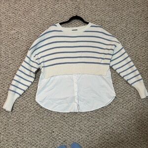 White Blue Stripped Sweater with Layered Button Up Blouse Size Medium